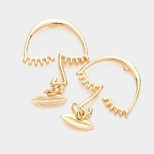 Gold Picasso Face Dangle Earrings Metal Fashion Statement Jewelry Accessories